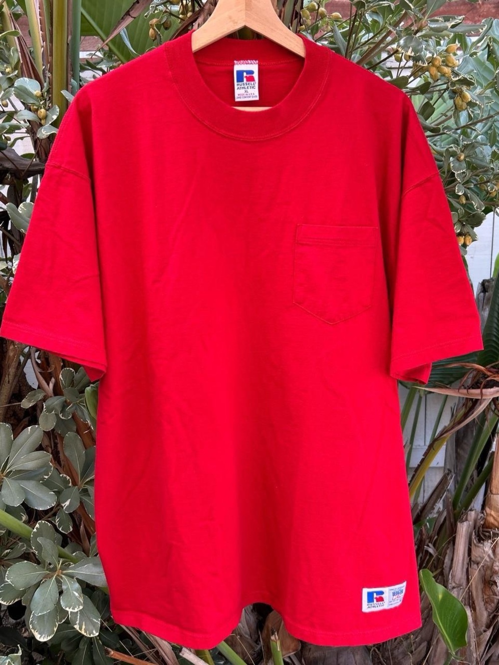 Vintage 90s Russell Athletic High Cotton Pocket T Shirt XL USA Made Red